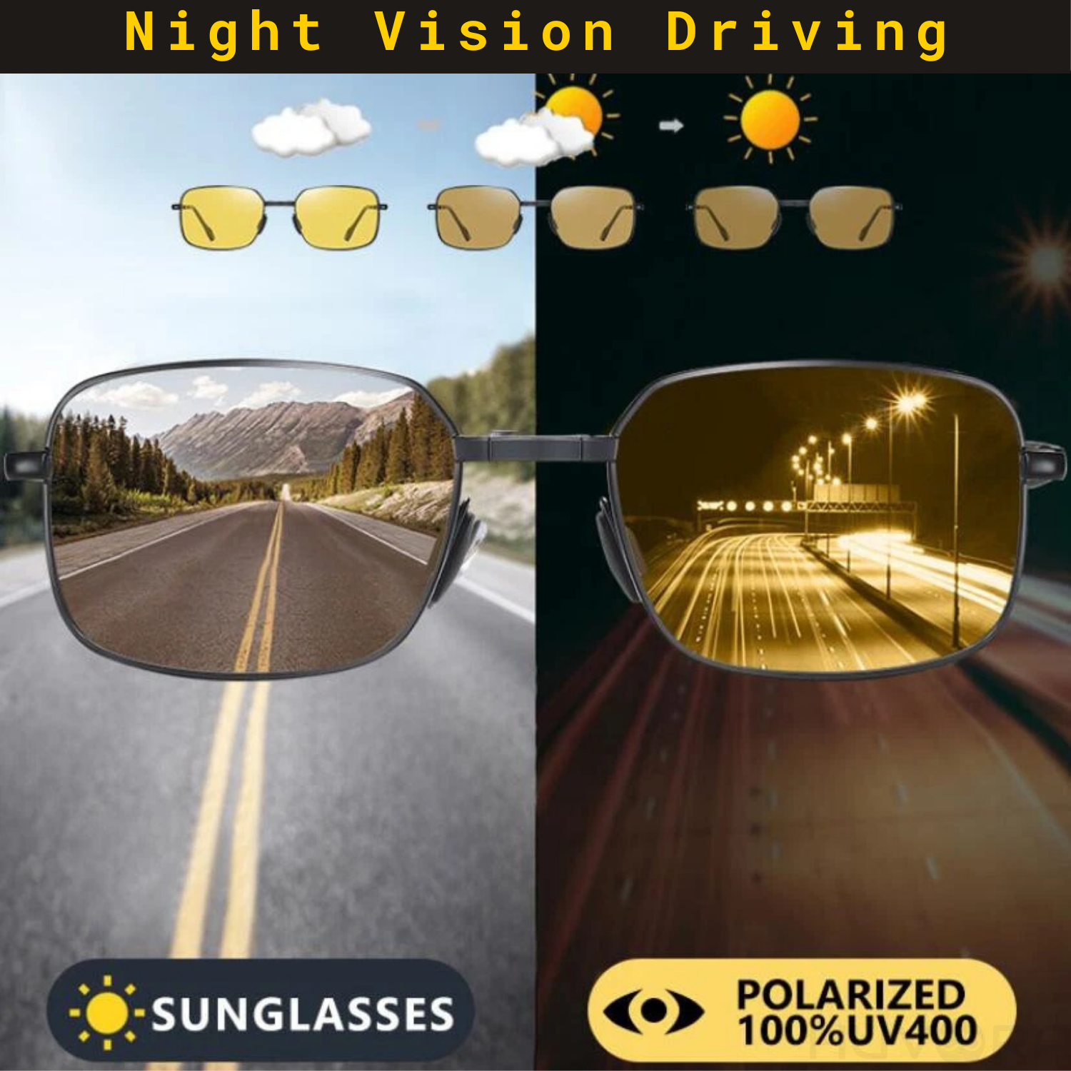 HUVORA | Carry Go | Polarized Folding Rectangle Sunglasses | Photochromic | Night Vision