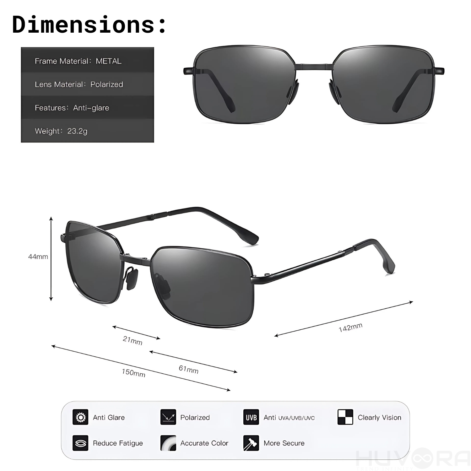 HUVORA | Carry Go | Polarized Folding Rectangle Sunglasses | Photochromic | Night Vision