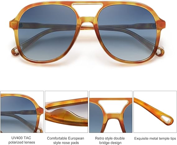 HUVORA | Mod Vista | Aviator Square Sunglasses | Double Bridge