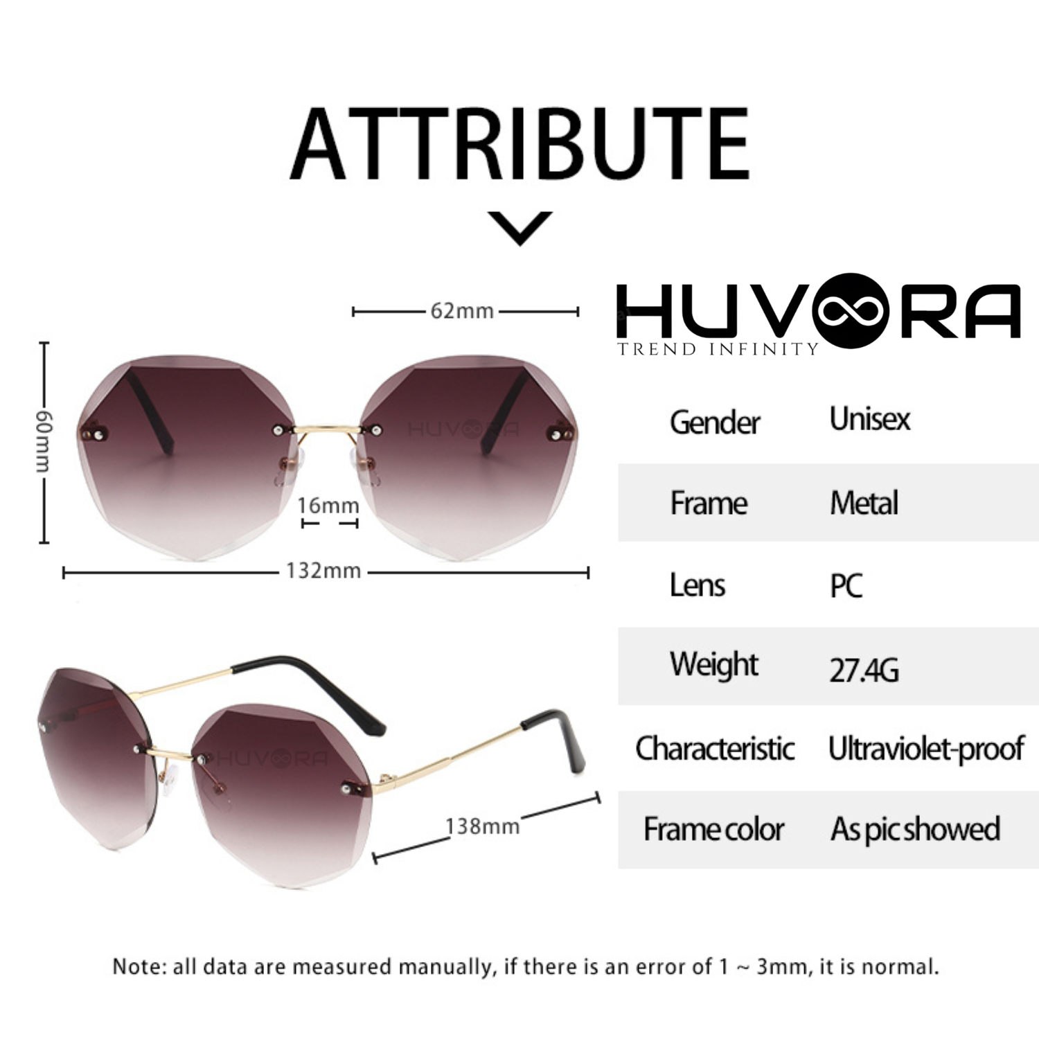 HUVORA | Poshovo | Oversized Round Rimless Sunglasses | Designer
