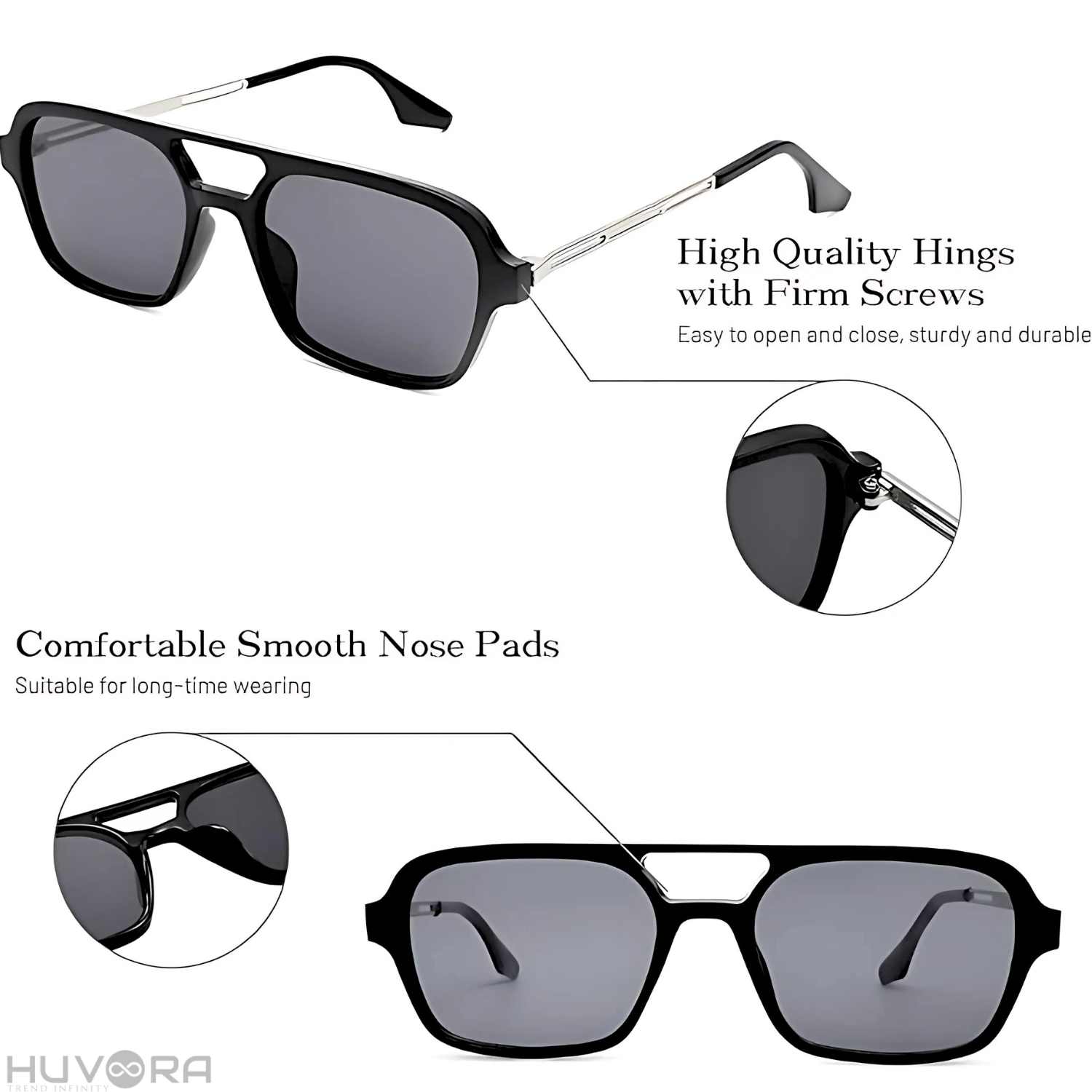 HUVORA | Wise Knight | Flat Square Aviator Sunglasses | Anti Blue Light Computer Glasses