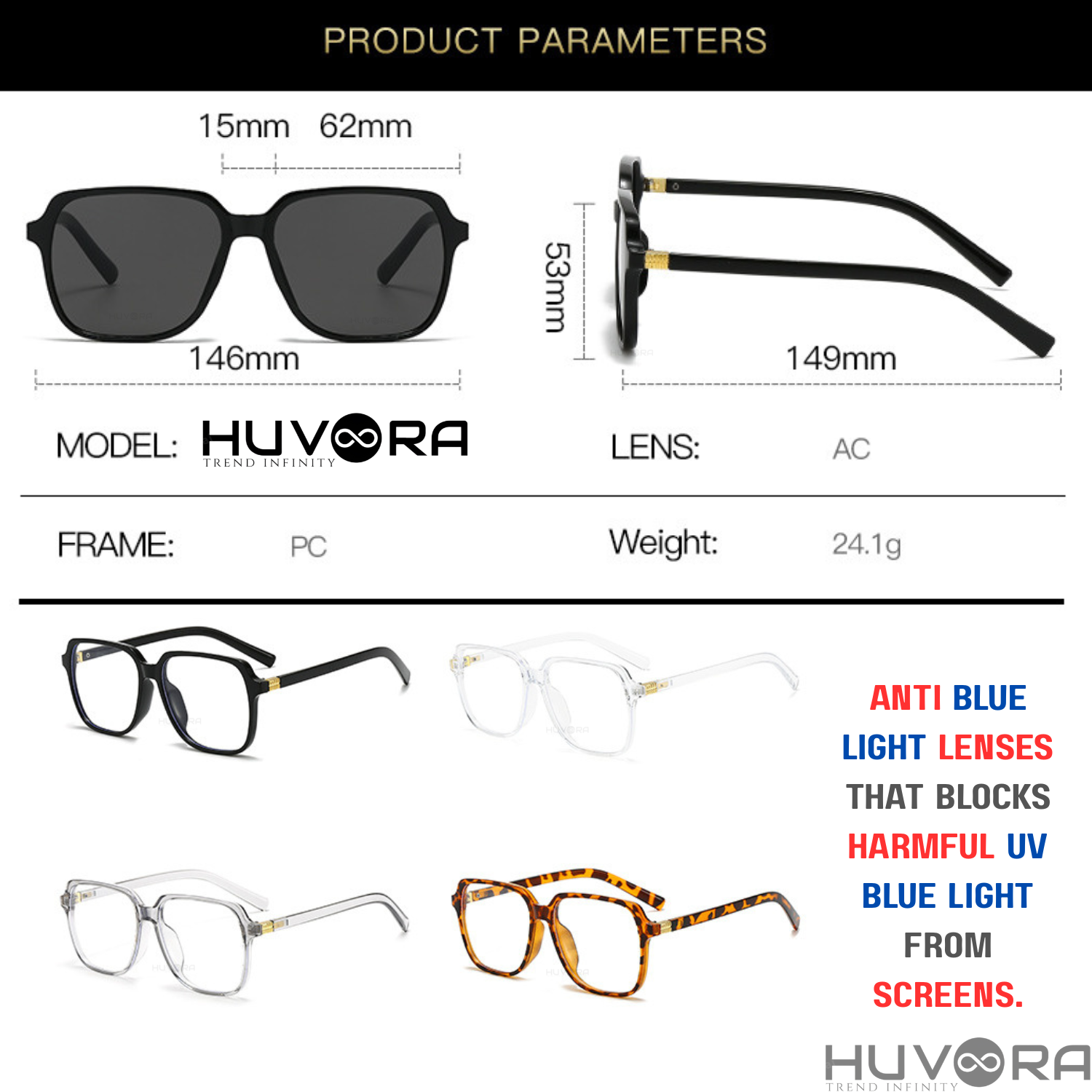 HUVORA | Vibe Frame | Oversized Square Anti Blue Computer Glasses