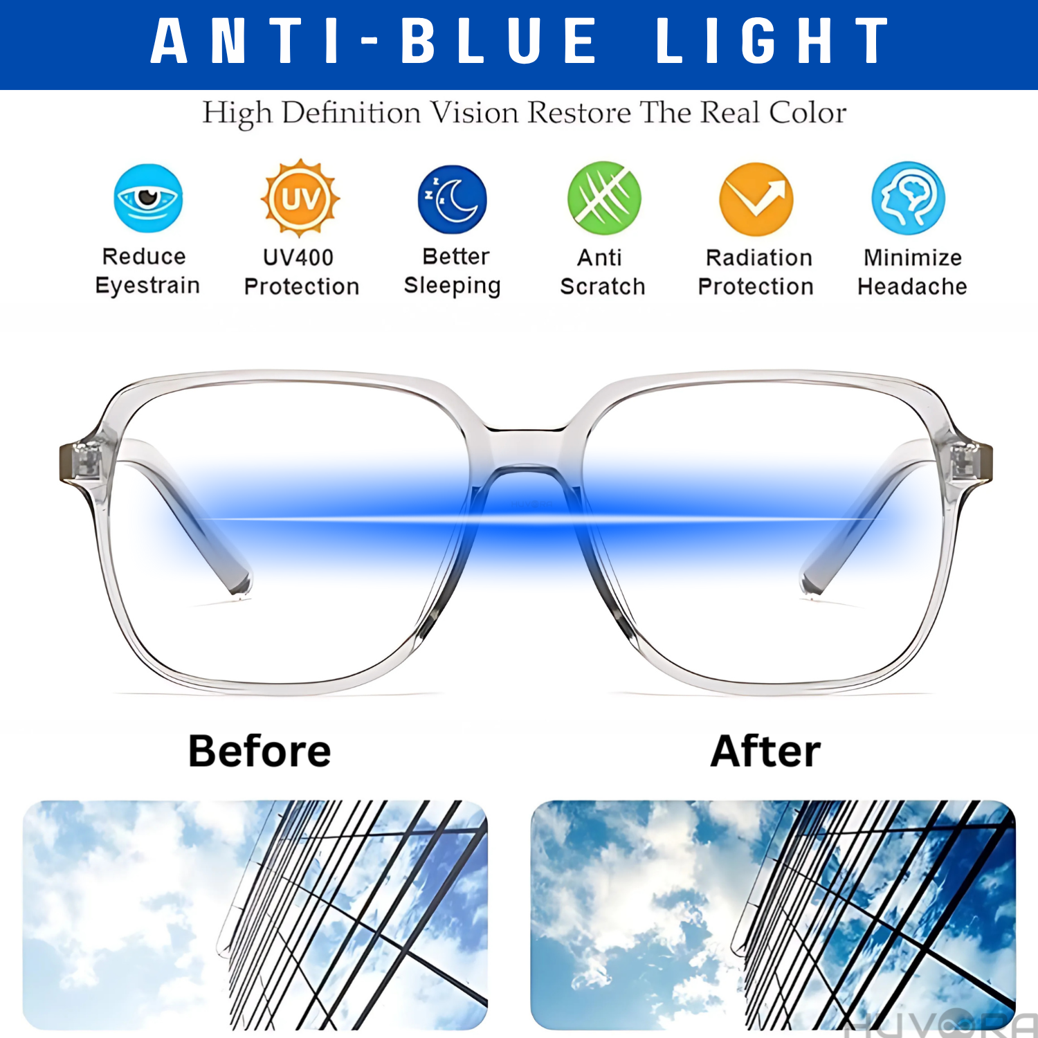 HUVORA | Vibe Frame | Oversized Square Anti Blue Computer Glasses