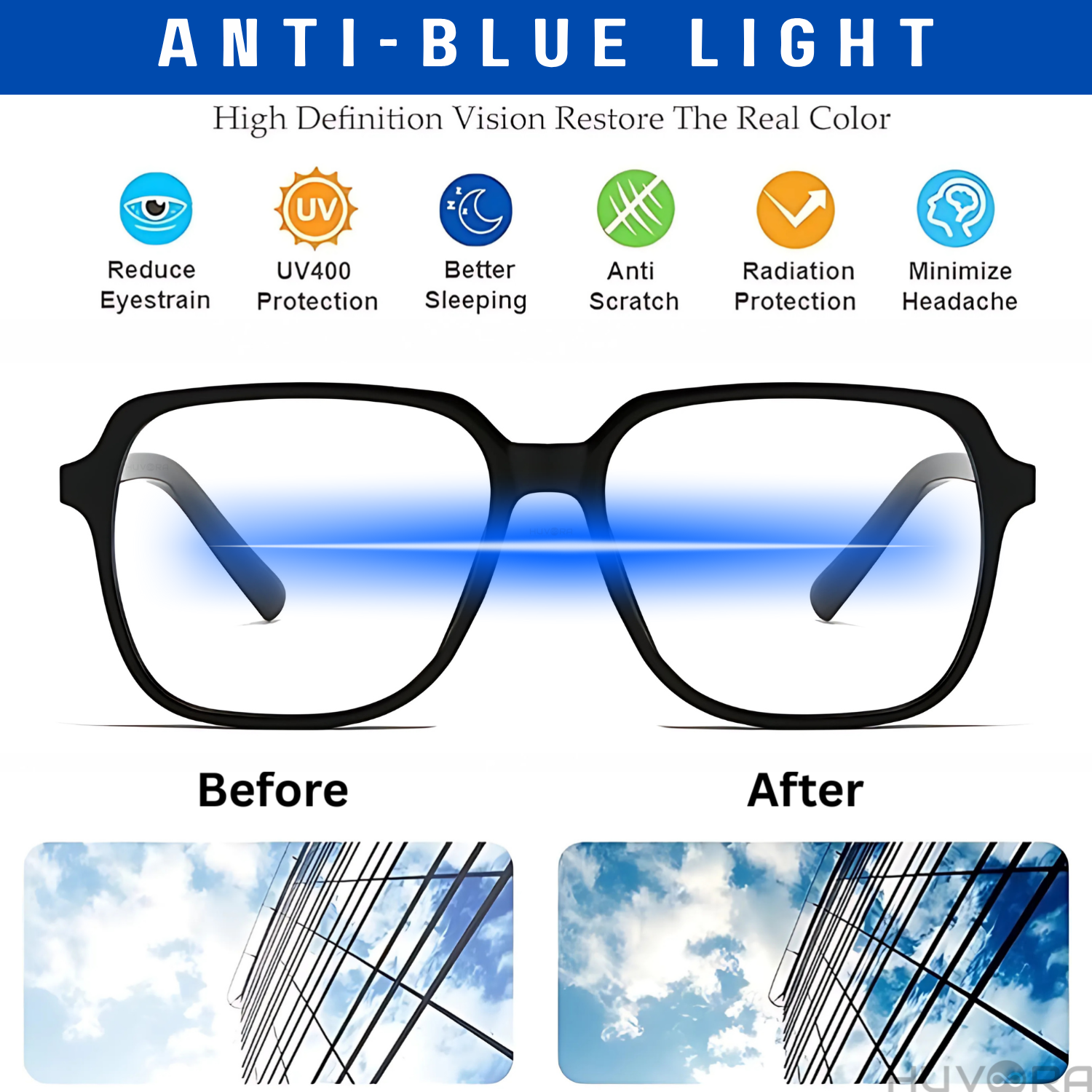 HUVORA | Vibe Frame | Oversized Square Anti Blue Computer Glasses