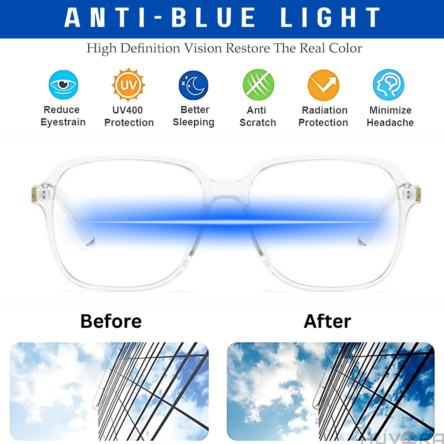 HUVORA | Vibe Frame | Oversized Square Anti Blue Computer Glasses